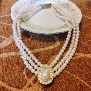 Vtg Victorian Revival Faux Pearls Choker Necklace 3 Strand Retro
